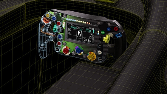 F1 赛车方向盘部件在 CAD 环境中的模型展示